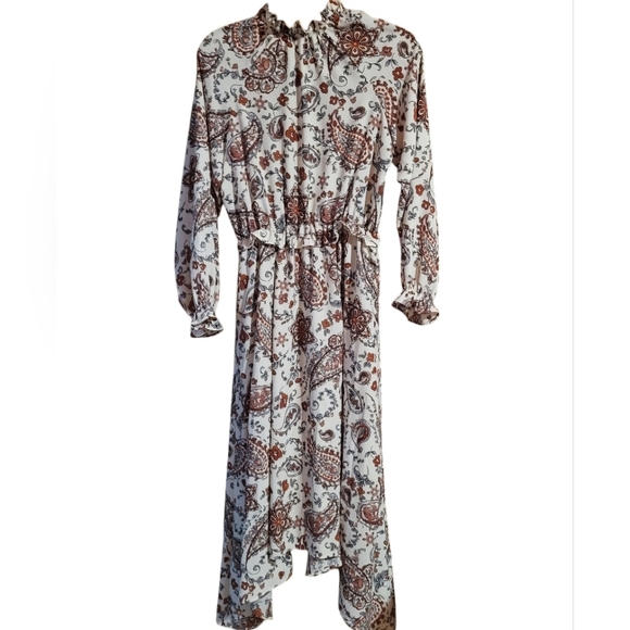 Banana Republic V-Neck Tie Ruffled Long Sleeve Paisley Peasant Midi Dress 8 - Picture 2 of 10